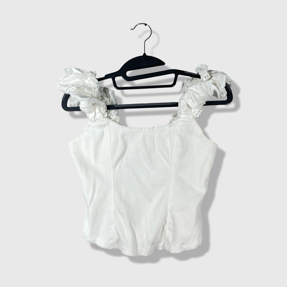 Anthropologie Ribbed Tank Top Women Small White Ruffle Strap Cottagecore